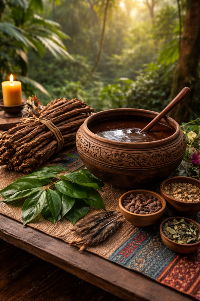 Ayahuasca ceremony setup in the forest